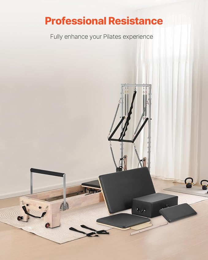 VEVOR Pilates Reformer Machine, Pilates Workout Equipment for Home Gym Studio Use, Pilates Bed with Dual Resistance- Spring & Cord, Reformer Set, Up to 400 LBS