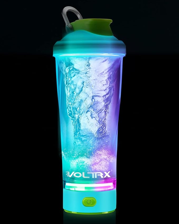 VOLTRX Electric Shaker Bottle - VortexBoost Portable USB C Rechargeable Protein Shake Mixer, Shaker Cups for Protein Shakes, BPA Free, Waterproof, Colored Light Base, 24 oz (Aurora Green)