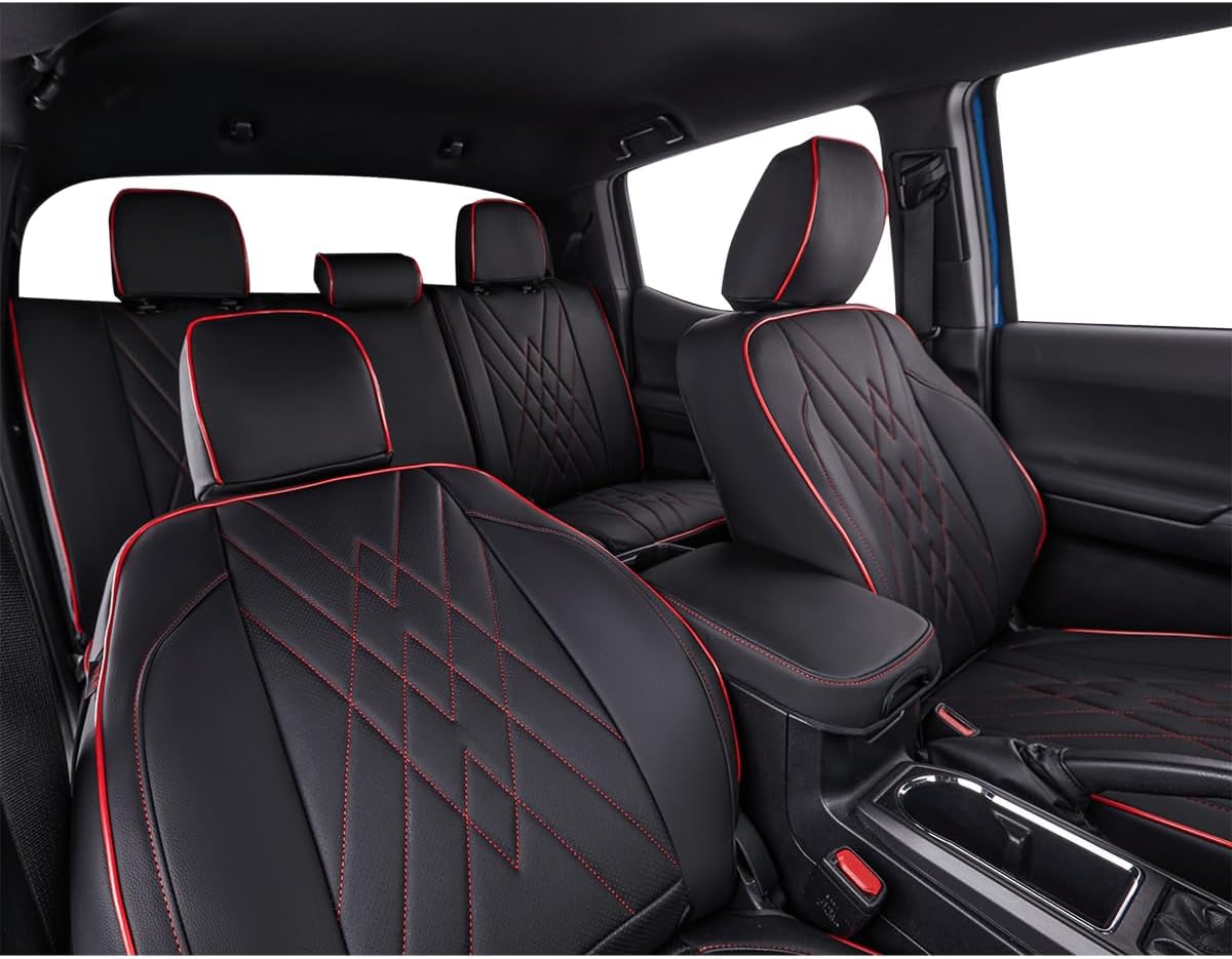 EKR Custom Fit Tacoma Rear Car Seat Covers for Select Toyota Tacoma 2016 2017 2018 2019 2020 2021 2022 2023 Access Cab - Second Row Only,Leather (Black with Red Trim)