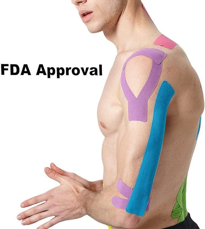 MUEUSS Kinesiology Tape Elastic Cotton Athletic Tape Precut Strips,Waterproof Tape for Protects Muscles,Knees,Shoulders Plantar Fasciitis Pain Relief,Pregnancy Belly Tape (2rolls Black&Blue)