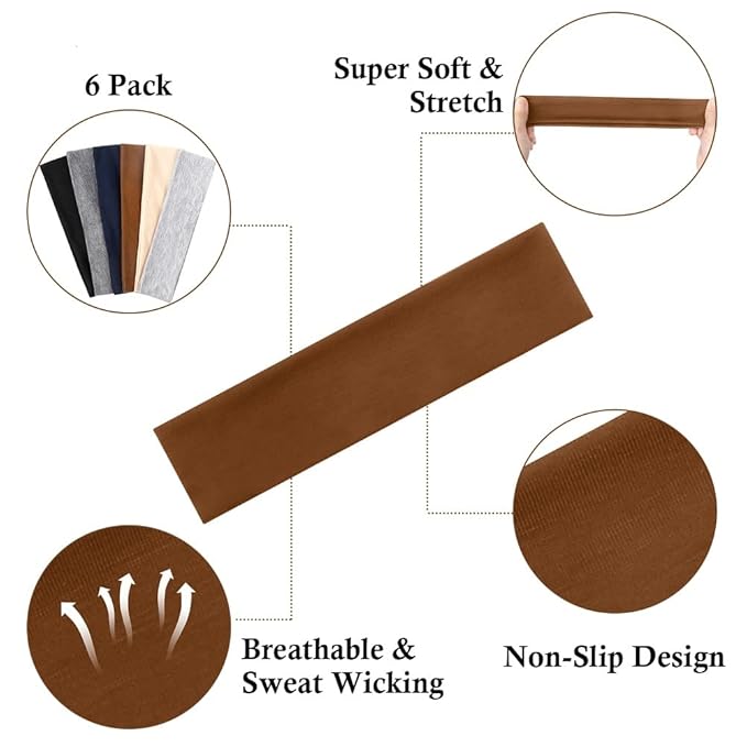TERSE Headbands for Women Short Hair Non Slip Elastic Sweat Hairbands Soft Fabric Hair Bands Workout Yoga Running Sport Thin Hair Wrap for Girls