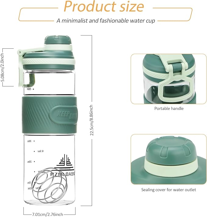 Shaker Bottle for Protein Mixes - Super Creamy Fitness Protein Shakes, 650ml/23oz - Durable, Leak-Proof (Green)