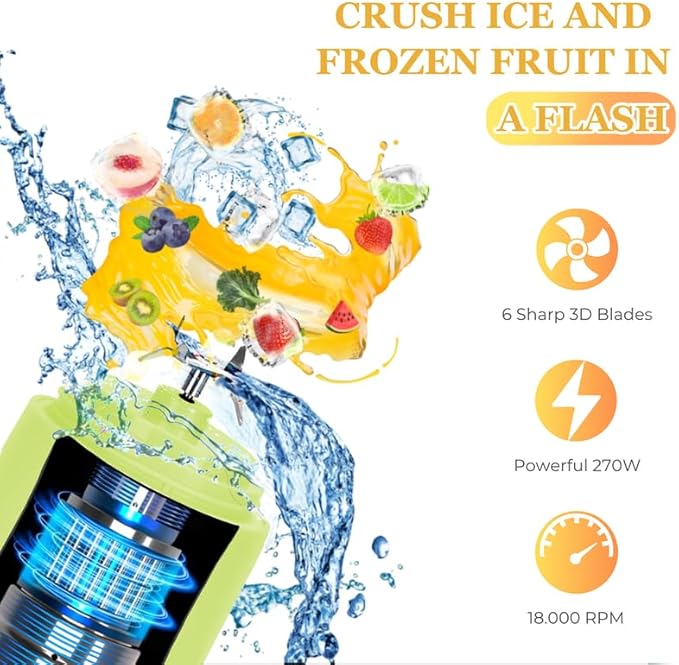 Cordless 21oz Portable Blender BPA Free With Personal Blender Cup, Best For Smoothie, Shakes, and Cocktails, With Durable Stainless Steel Blades, USB-C Rechargeable in Lime By WIZTRONIX