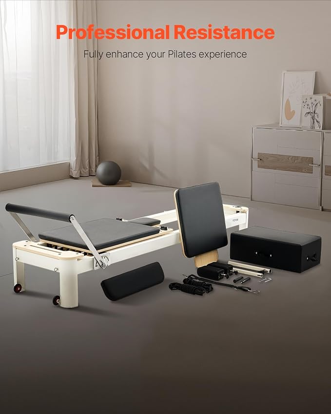 VEVOR Pilates Reformer Machine, Pilates Workout Equipment for Home Gym Studio Use, Pilates Bed with Dual Resistance- Spring & Cord, Reformer Set, Up to 400 LBS