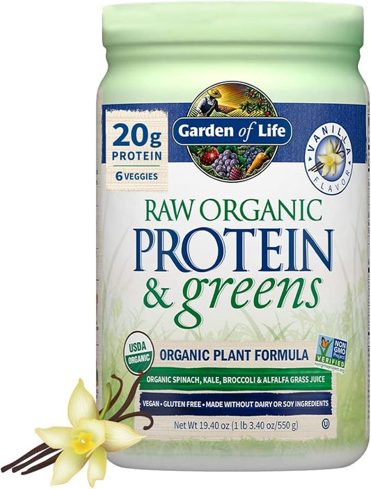Garden of Life Raw Organic Protein & Greens Vanilla - Vegan Protein Powder for Women and Men, Plant and Pea Proteins, Greens & Probiotics, Gluten Free Low Carb Shake Made Without Dairy 20 Servings
