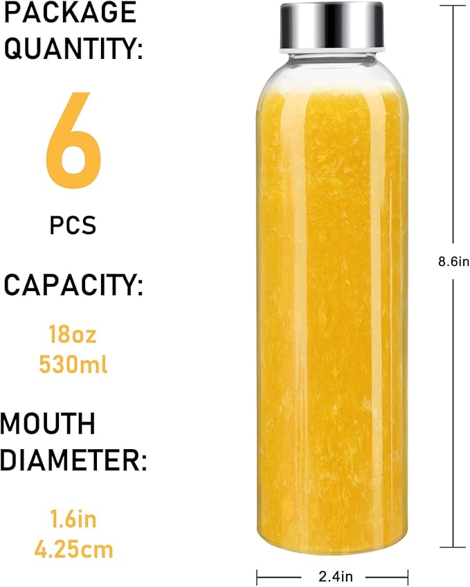 Sursip 18oz Glass Water Bottle Set of 6, Clear glass juice bottle for juicing,Reusable Drinking Bottles with Stainless Steel Lid,Beverage Storage Containers for Refrigerator-BPA Free,Leak Proof