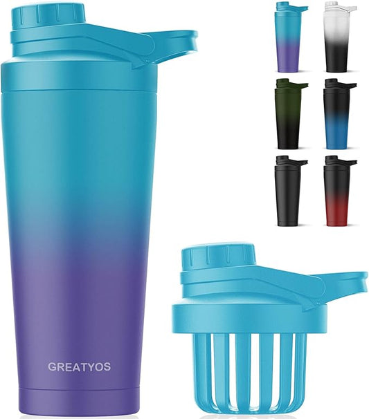Stainless Steel Shaker Bottle with Noise-Free Design - Patented 24 oz Insulated Metal Shakers Bottles Cup for Protein Mixes and Pre Workout 100% Leak Proof (Ocean Dream)