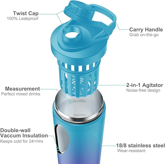 Stainless Steel Shaker Bottle with Noise-Free Design - Patented 24 oz Insulated Metal Shakers Bottles Cup for Protein Mixes and Pre Workout 100% Leak Proof (Ocean Dream)