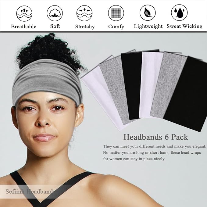 Wide Headbands For Women Stretch Headband Boho Head Bands Women's Hair Band Turban Workout Hairband Accessories Black Gray White 6 Pack