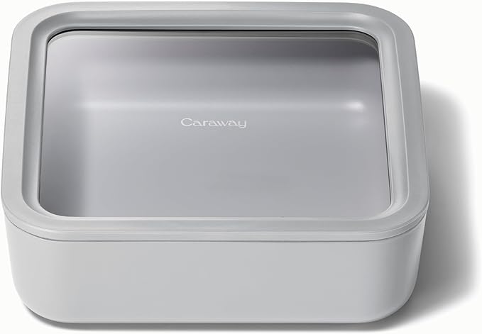 Caraway Glass Food Storage, 10 Cup Glass Container - Ceramic Coated Food Container - Non Toxic, Non Stick Lunch Box Container with Glass Lids. Dishwasher, Oven, & Microwave Safe - Square Shape - Gray