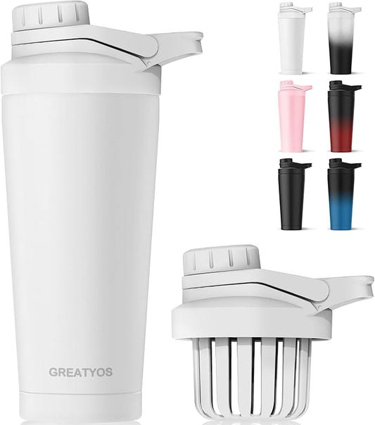 Stainless Steel Shaker Bottle with Noise-Free Design - Patented 24 oz Insulated Metal Shakers Bottles Cup for Protein Mixes and Pre Workout 100% Leak Proof (White)