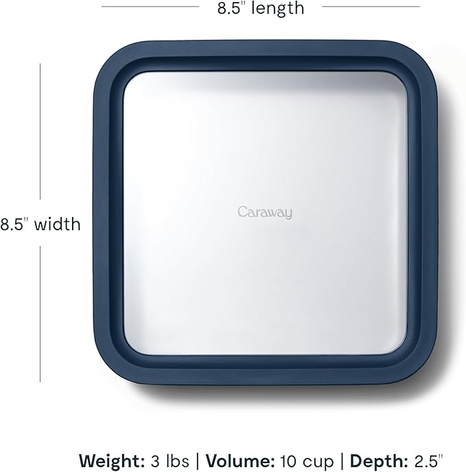 Caraway Glass Food Storage, 10 Cup Glass Container,Ceramic Coated Food Container,Easy to Store, Non Toxic, Non Stick Lunch Box Container with Glass Lids. Dishwasher, Oven,Square Shape,Navy