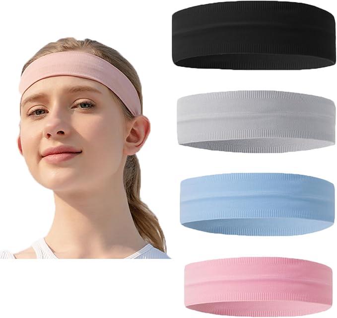 Sweat Headbands for Women 4Packs Elastic Headbands for Women Non Slip Wide Headband Soft Stretchy Hair Bands for Yoga Workout Running