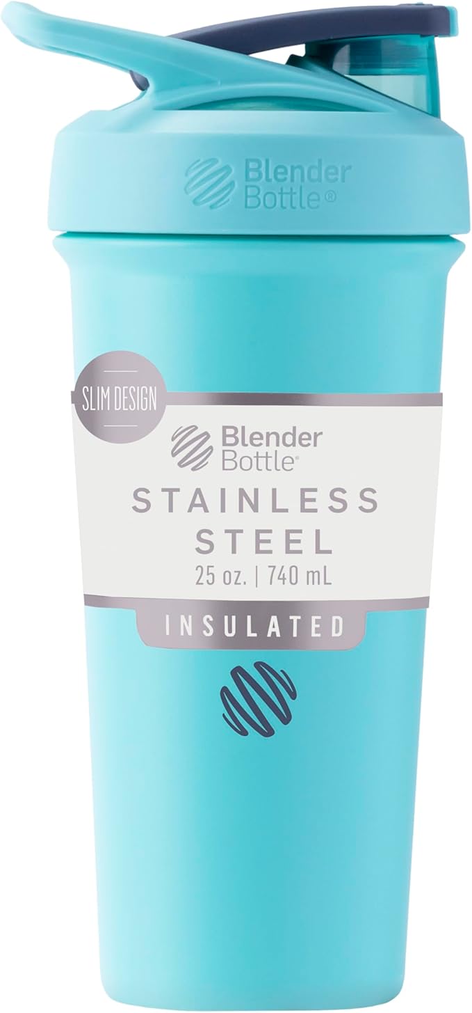 BlenderBottle Sport Sleek Insulated Stainless Steel Shaker Bottle with Wire Whisk, 25-Ounce, Seafoam – Protein Shakes & Hydration for Athletes & Fitness Enthusiasts, Easy Mixing, Slim Easy to Hold, Keeps Drinks Cold, Lockable Lid