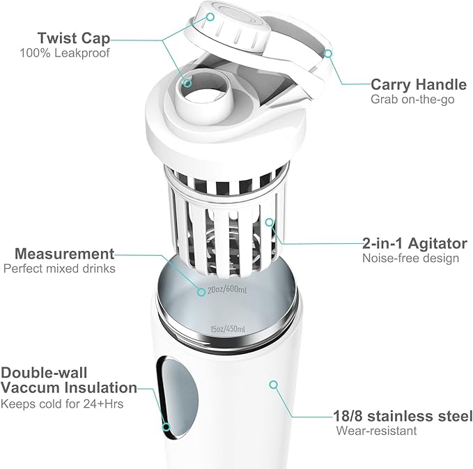 Stainless Steel Shaker Bottle with Noise-Free Design - Patented 24 oz Insulated Metal Shakers Bottles Cup for Protein Mixes and Pre Workout 100% Leak Proof (White)