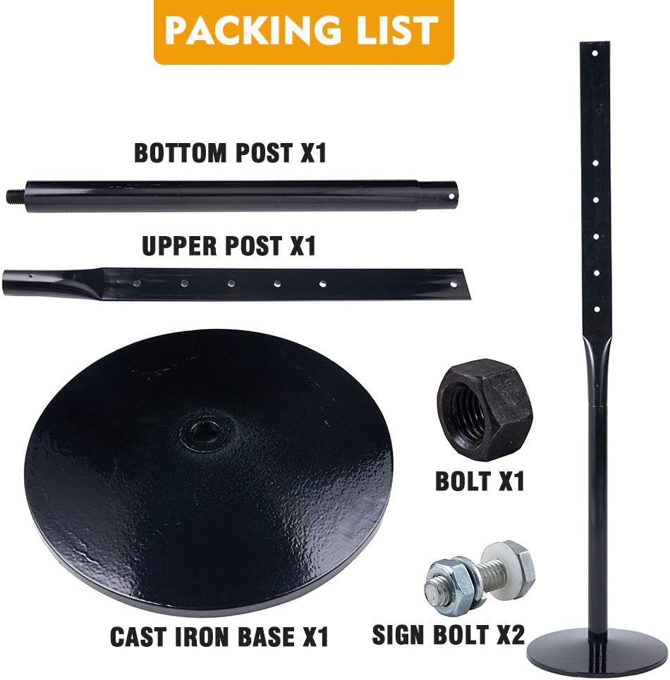 Heavy Duty Cast Iron Sign Post and Base Kit - 12" DIA Stand with 48" Post and Bolts & Nuts for Hanging Signs, Portable Sign Holder for Parking and Recreational Use