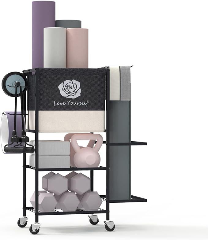 Yoga Mat Storage Rack,Home Gym Storage Rack Gym Workout Equipment Storage Organizer Fitness Weight Rack on Wheels for Yoga Mat,Yoga Block,Foam Roller,Resistance Band,Dumbbell,Kettlebell and Other Workout Accessories