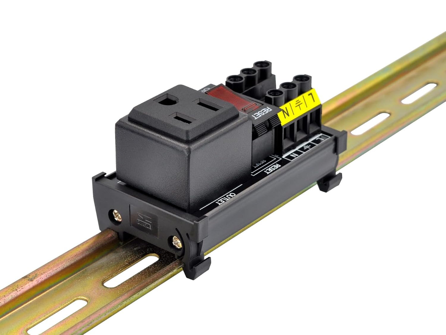 DIN Rail Mount AC 120V NEMA 5-15R Single Receptacle Outlet Power Strip Module, with Rocker Switch Thermal Circuit Breaker Overload Protector