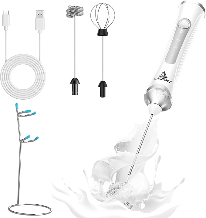 Rechargeable Frother Wand with Stand, Milk Frother with Detachable Stainless Steel Double Rings Whisk, 3-Speed Handheld Electric Drink Mixer for Lattes, Cappuccino, Coffee (White)