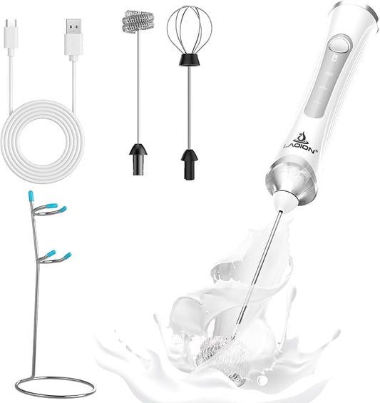 Rechargeable Frother Wand with Stand, Milk Frother with Detachable Stainless Steel Double Rings Whisk, 3-Speed Handheld Electric Drink Mixer for Lattes, Cappuccino, Coffee (White)
