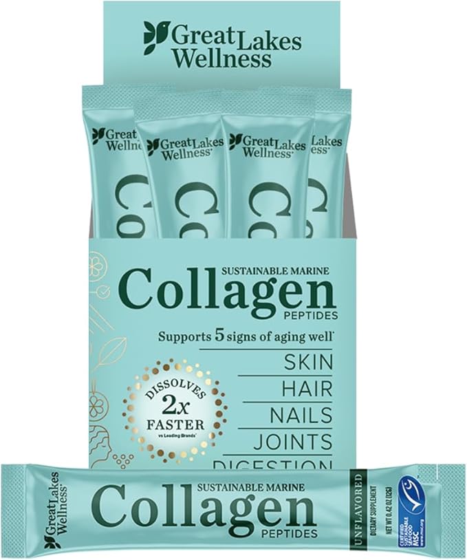 Great Lakes Wellness Sustainable Marine Collagen Peptides Powder for Skin, Hair, Nails, Joints & Digestion - Unflavored - Hydrolyzed, Wild Caught, MSC Certified, Non-GMO, Kosher - 20 Sticks