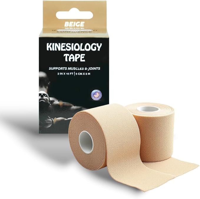 JLB Kinesiology Tape – 2 Rolls (16ft Each) – Strong Adhesion, Waterproof & Sweatproof – Latex-Free Sports Tape for Pain Relief, Muscle Support & Recovery – Physical Therapy & Athletic Tape (Beige)