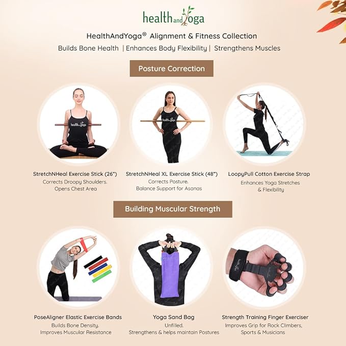 HealthAndYoga™ StretchNHeal Collapsible Multi-Use Wooden Yoga Stick - Regular and XL - Portable Posture Corrector Pole, Stretch Mobility Stick, Physical Workout Exercise Dowel