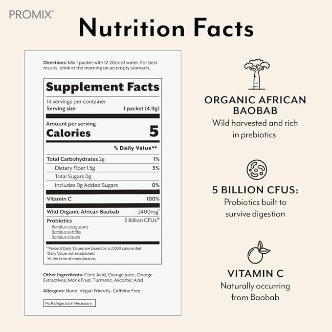 ProMix Nutrition Debloat Prebiotics and Probiotics with Baobab - Rich in Vitamin C, Bloating Relief, Immune Support - Orange - 30 Servings (Pack of 30)