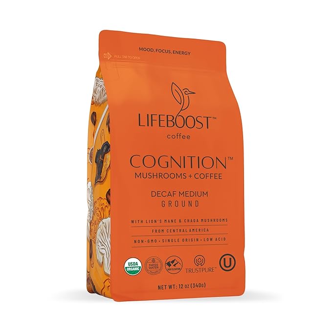 Lifeboost Cognition Decaf Mushroom Coffee - Low Acid Decaf Medium Organic Coffee with Lions Mane & Chaga Mushrooms - Increase Energy, Boost Focus & Immune Support - 12 oz Bag - Ground