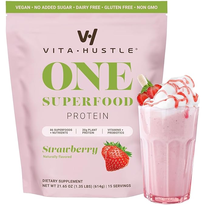 VitaHustle ONE Meal Replacement Shake - Plant Based Protein Powder by Kevin Hart - Vegan, Meal Replacement Powder with Superfoods, Vitamins, Adaptogens & Probiotics -Strawberry Flavor, 15 Servings