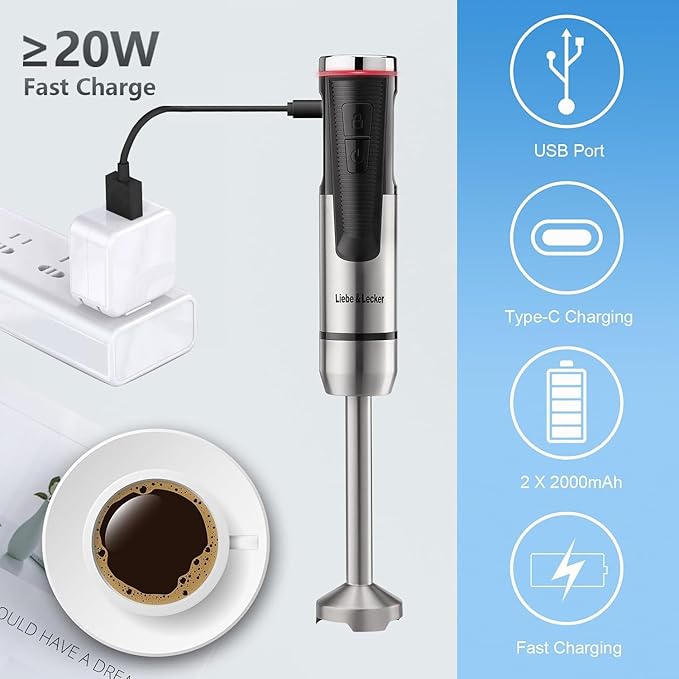 Liebe&Lecker Cordless Hand Blender, Immersion Blender Handheld USB Rechargeable 8 Variable Speeds with Whisk, Milk Frother Attachments, Portable Stick mixed for Milkshakes, Smoothies & Soups.