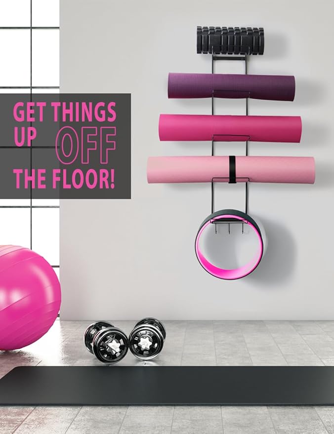 MRZZATA 5-Tiers Yoga Mat Holder Wall Mount, Metal Storage Rack for Mats/Wheels, Foam Roller and Block, Wall Rack with 3-Hooks for Hanging Stretching Strap, Resistance Bands, Yoga Accessories