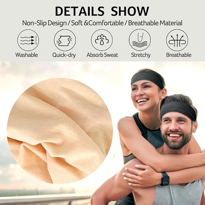 8-Pack Headbands for Women - Non-Slip Elastic Sweatbands - Soft Fabric Hair Bands for Gym, Workout, Yoga, Running, and Sports - Stylish, Cotton Headbands for Women and Girls.