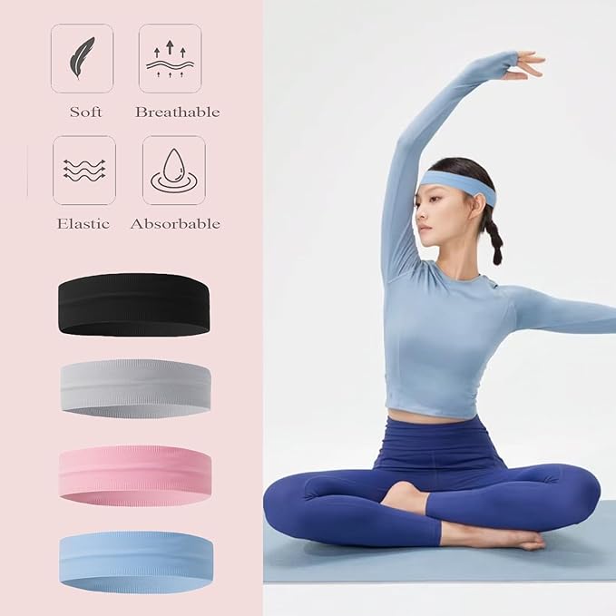 Sweat Headbands for Women 4Packs Elastic Headbands for Women Non Slip Wide Headband Soft Stretchy Hair Bands for Yoga Workout Running