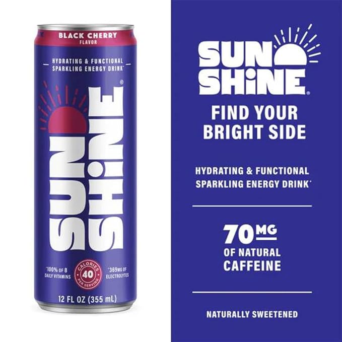 Sunshine Sparkling Energy Drink, Black Cherry with Daily Essential Vitamins, 360mg of Electrolytes, 70mg of Natural Caffeine, 12 Fl Oz (Pack of 24)