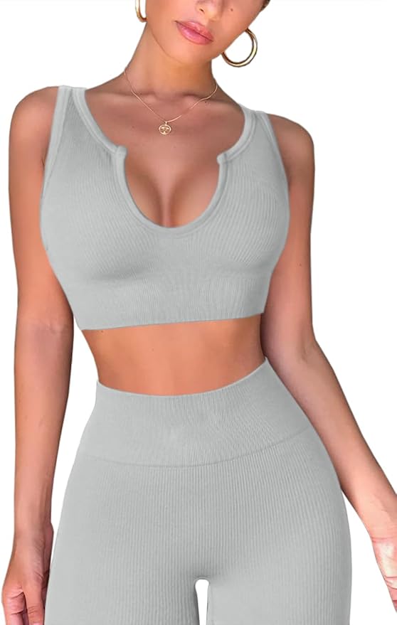 QINSEN Workout Outfits for Women 2 Piece Ribbed Seamless Crop Tank High Waist Yoga Leggings Sets