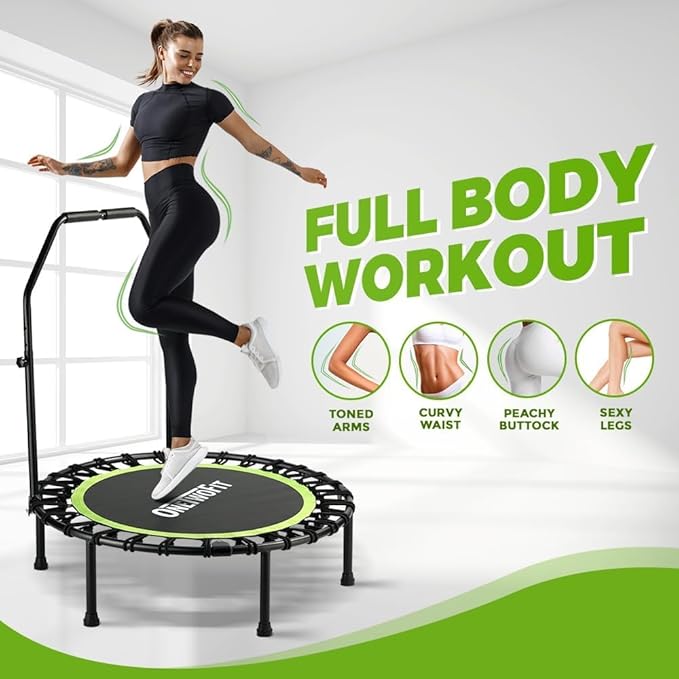 ONETWOFIT Foldable Rebounder Trampoline for Adults, 40/42/45” Mini Fitness Trampoline W/Adjustable Foam Handle Bungees, Quiet Exercise Trampoline for Personal Indoor Workout