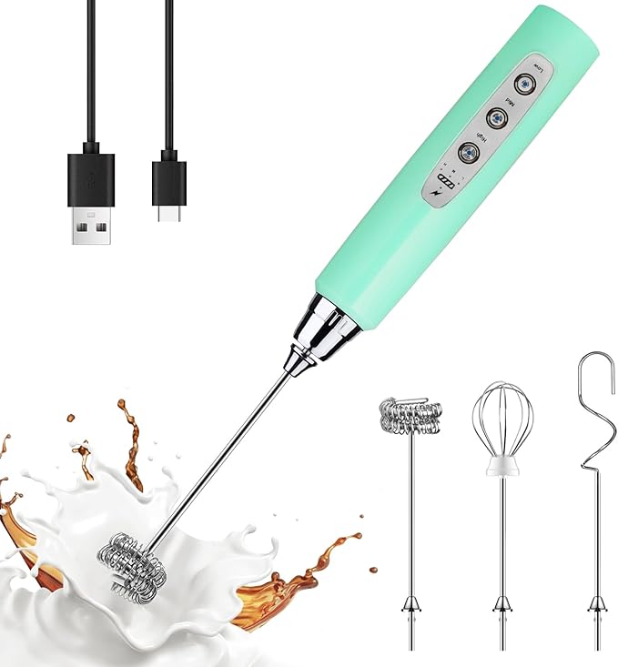 YUSWKO Baby Blue Handheld Milk Frother Wand for Coffee, Rechargeable Electric Whisk with 3 Heads 3 Speeds Drink Mixer Coffee Frother For Latte, Cappuccino, Hot Chocolate, Egg