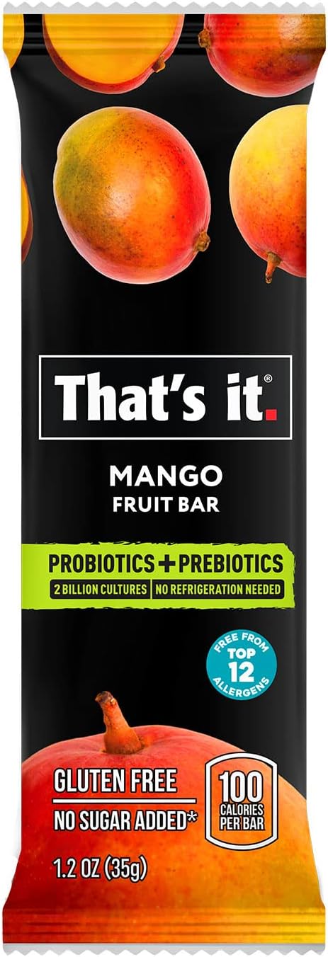 That's it. Probiotic Fruit Bar Variety Pack, Mango & Blueberry Flavors, Just Real Fruit + Probiotics, 100 Calories Per Bar, All Natural, 2-3 Ingredients, Shelf Stable, Allergy-Friendly (12 Count)