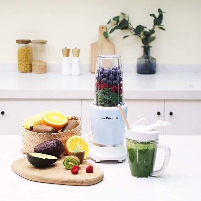 La Reveuse Personal Size Blender 250 Watts Power for Shakes Smoothies Seasonings Sauces with 1 Piece 15 oz Cup,1 Piece 10 oz Mug,BPA-Free (Sky Blue)