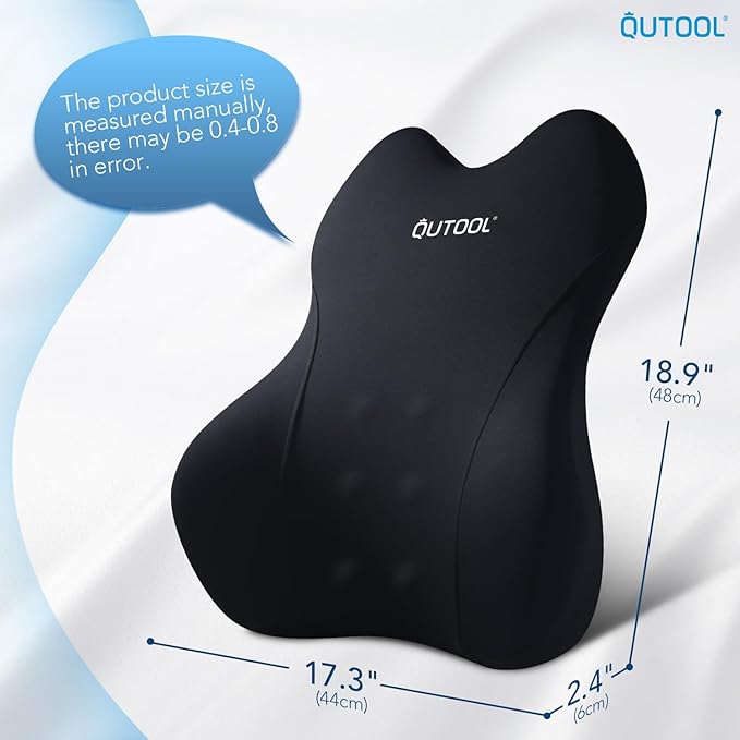 QUTOOL Lumbar Support Pillow for Car/Office Chair, Memory Foam Back Cushion for Car Seat, Back Pain Relief Adjustable Strap and Washable Cover, Lower Back Pillow Fits Most Cars, Trucks (Black)