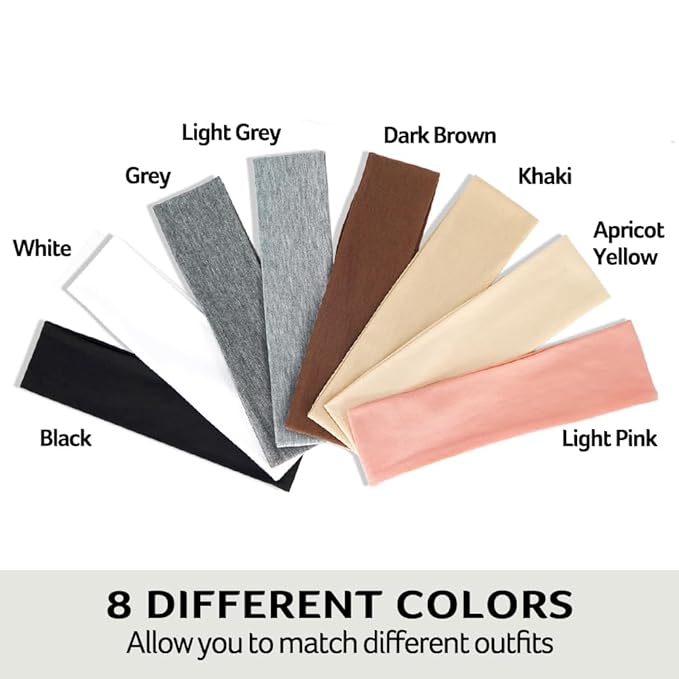 8-Pack Headbands for Women - Non-Slip Elastic Sweatbands - Soft Fabric Hair Bands for Gym, Workout, Yoga, Running, and Sports - Stylish, Cotton Headbands for Women and Girls.