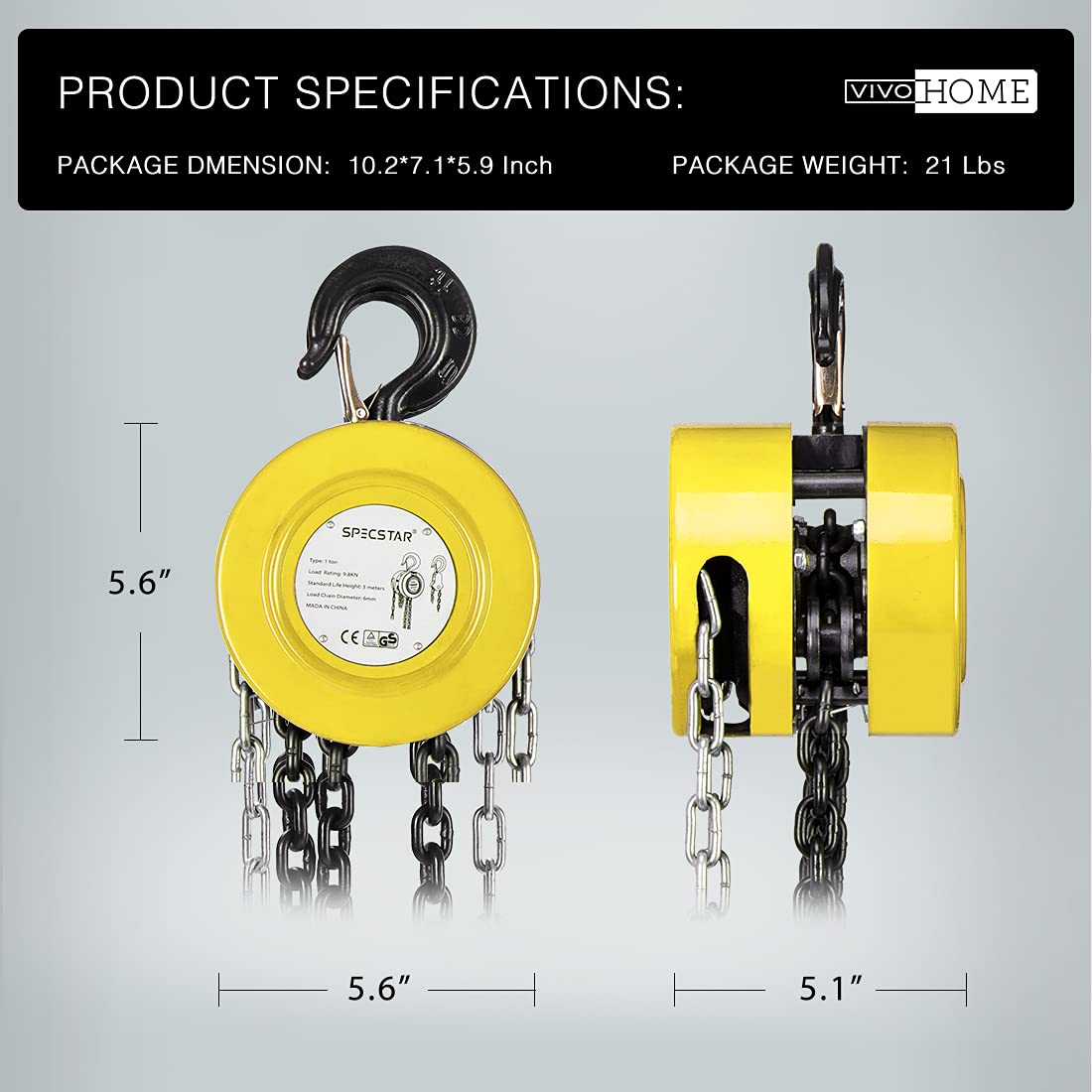 SPECSTAR Hand Chain Hoist 1 Ton 2200 Lbs Capacity 10 Feet with 2 Heavy Duty Hooks, Manual Chain Fall for Warehouse Building Automotive Machinery Yellow