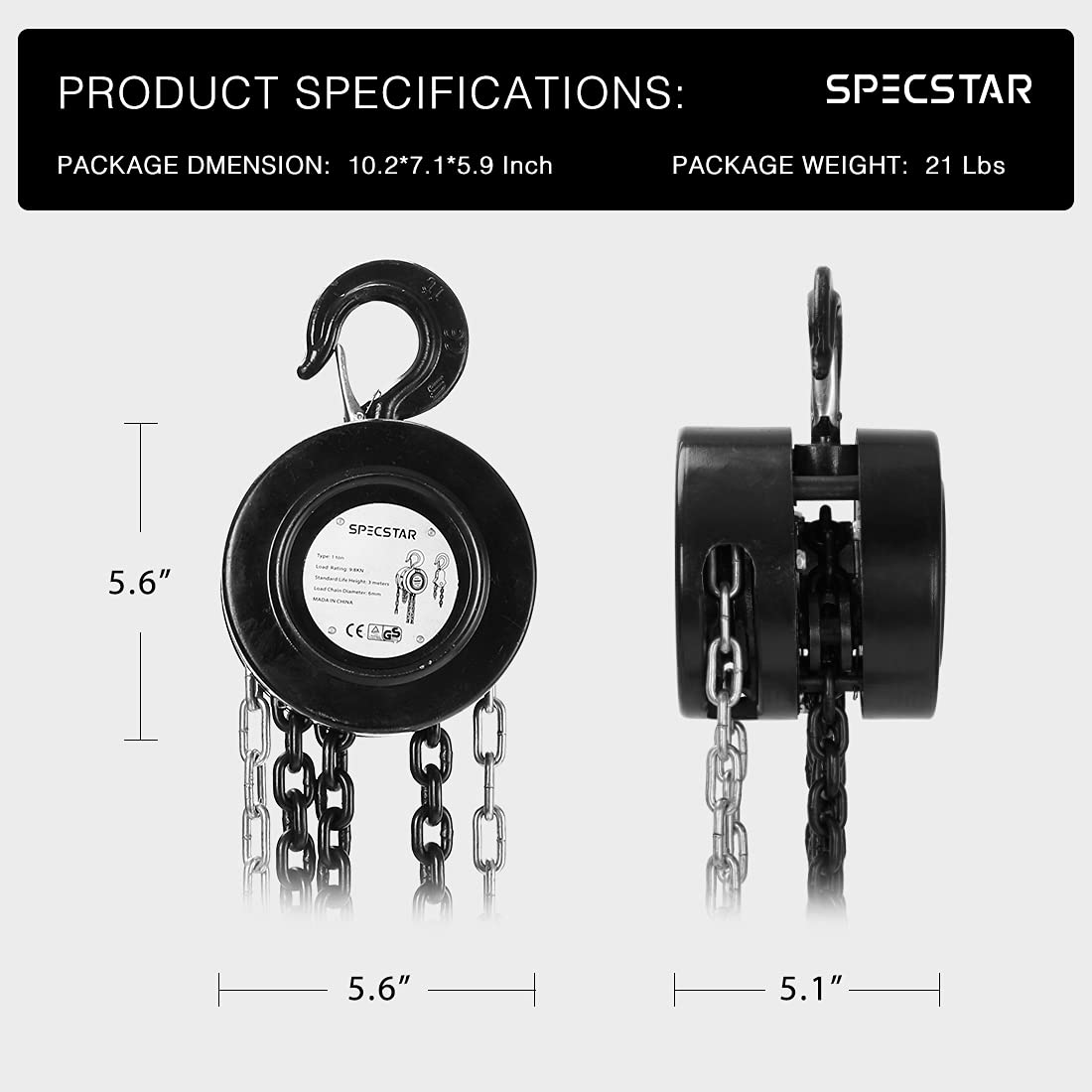 SPECSTAR Hand Chain Hoist 1 Ton 2200 Lbs Capacity 10 Feet with 2 Heavy Duty Hooks, Manual Chain Fall for Warehouse Building Automotive Machinery Black