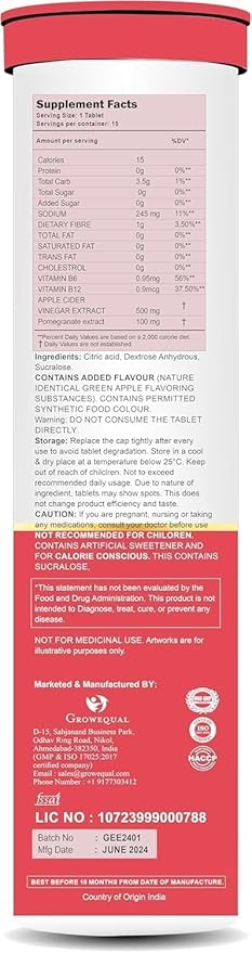 PURITEO-EQUACIDER Apple Cider Vinegar Effervescent Tablets with The Mother, Vegan, No Added Sugar, Non-GMO & Gluten-Free Tablet - (15 Tablets Each, Pack of 2)