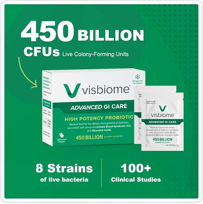 Visbiome® Advanced GI Care - High Potency Probiotic - 450 Billion CFU Live Probiotics, Original De Simone Formulation, 60 Packets of Unflavored Powder.