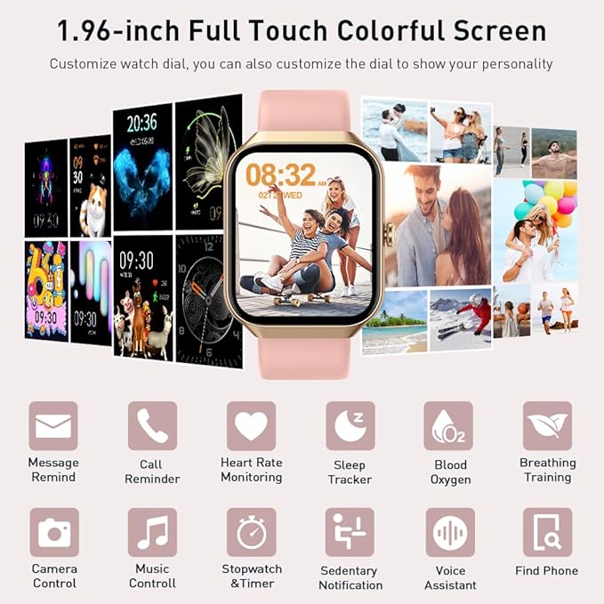Smart Watch(Answer/Make Call), 1.96" HD Smartwatch for Women, 2025 Fitness Watch with 110+ Sport Modes/Heart Rate/Sleep Monitor/Pedometer, IP68 Waterproof Fitness Activity Tracker for Android iOS Pink