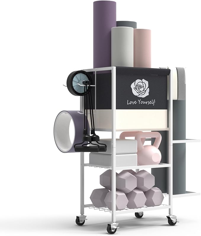 Yoga Mat Storage Rack,Home Gym Storage Rack Gym Workout Equipment Storage Organizer Fitness Weight Rack on Wheels for Yoga Mat,Yoga Block,Foam Roller,Resistance Band,Dumbbell,Kettlebell and Other Workout Accessories