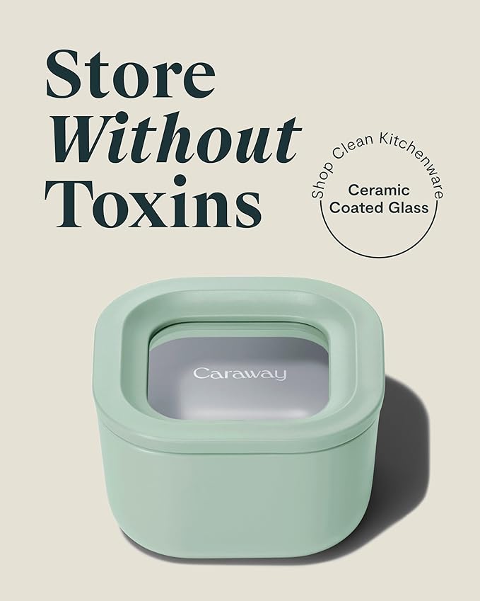 Caraway 6pc Food Storage Container Set - 1.75 Cup Glass Storage Container for Food (6) - Non-Toxic Ceramic-Coated Glass - Air Release Technology - Compact & Stackable Design - Mist