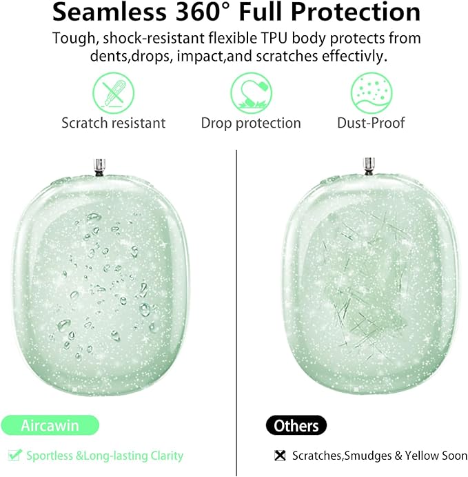 for AirPods Max Case Clear Pink Glitter,Clear Case for Airpods Max Case Cover,Shockproof Anti-Scratch Soft TPU Protective Case No-Yellowing Accessories for AirPod Max Headphone-Green Glitter